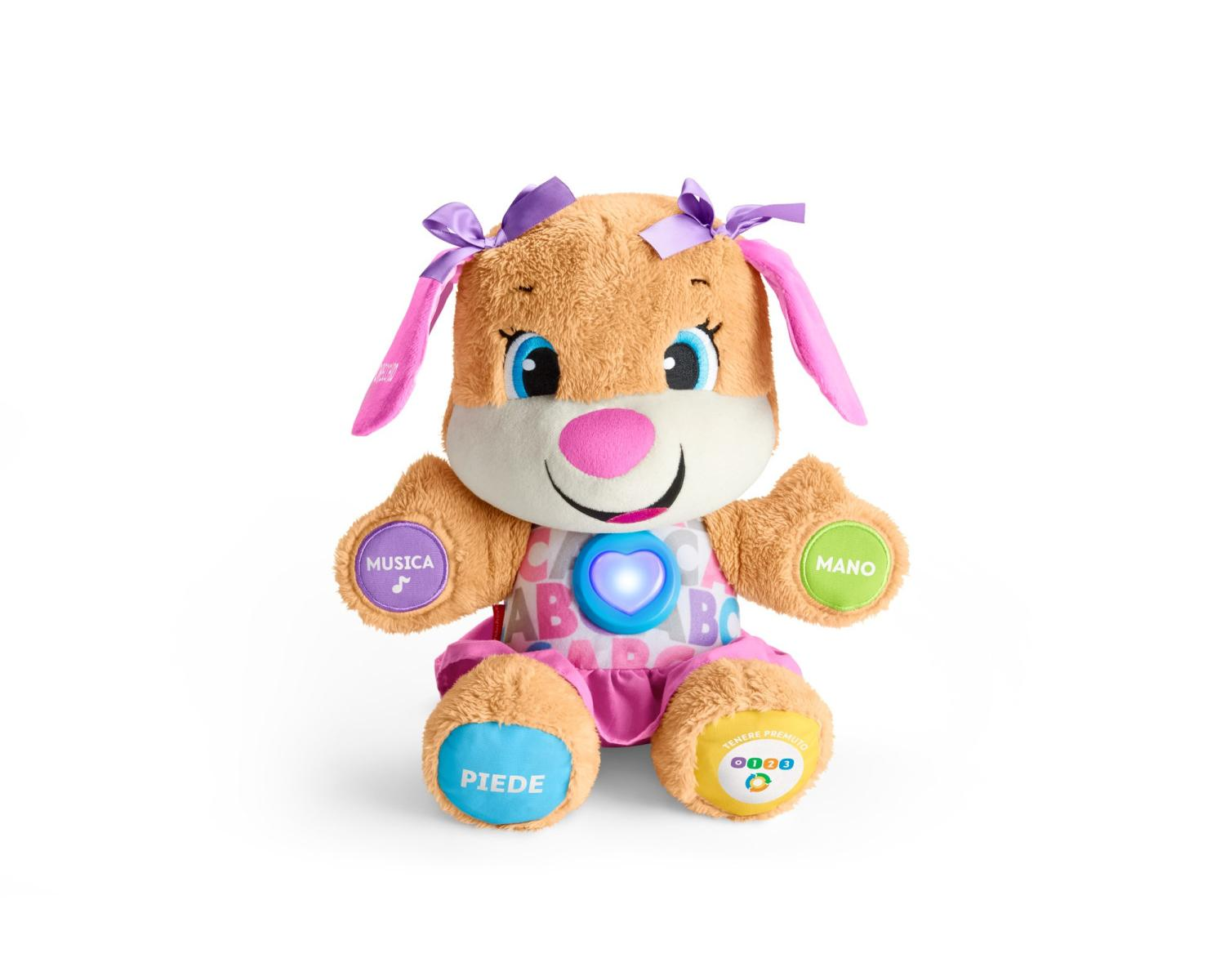 Pluszowa zabawka w kształcie psa z fioletowymi kokardkami, różowymi uszami i guzikami. Ma świecące serce.