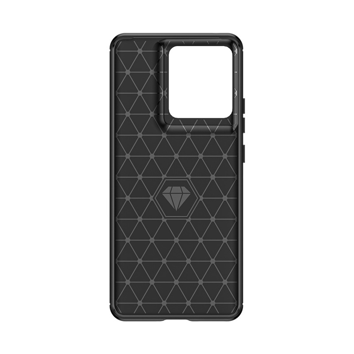 Schwarze Handyhülle mit gemustertem Rücken und Diamant-Design. Weißer Hintergrund.