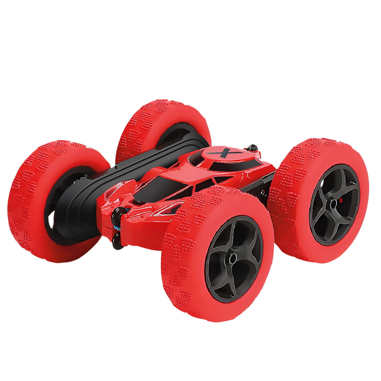 Rotes und schwarzes ferngesteuertes Auto. Das Auto hat große Räder und ein stromlinienförmiges Design.