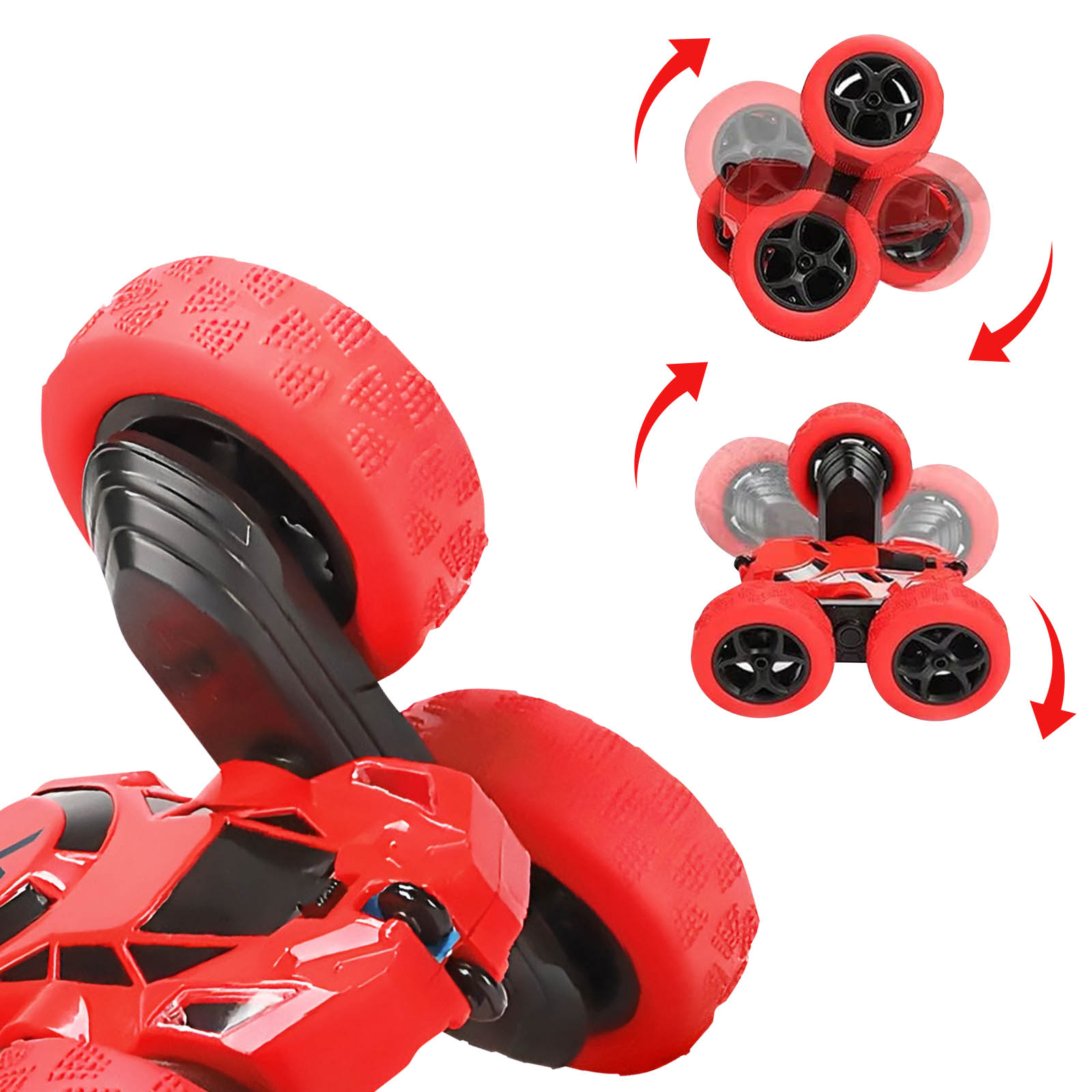 Rotes Spielzeugauto mit großen Reifen und Bewegungspfeilen. Zusätzliche Ansicht der Reifen.