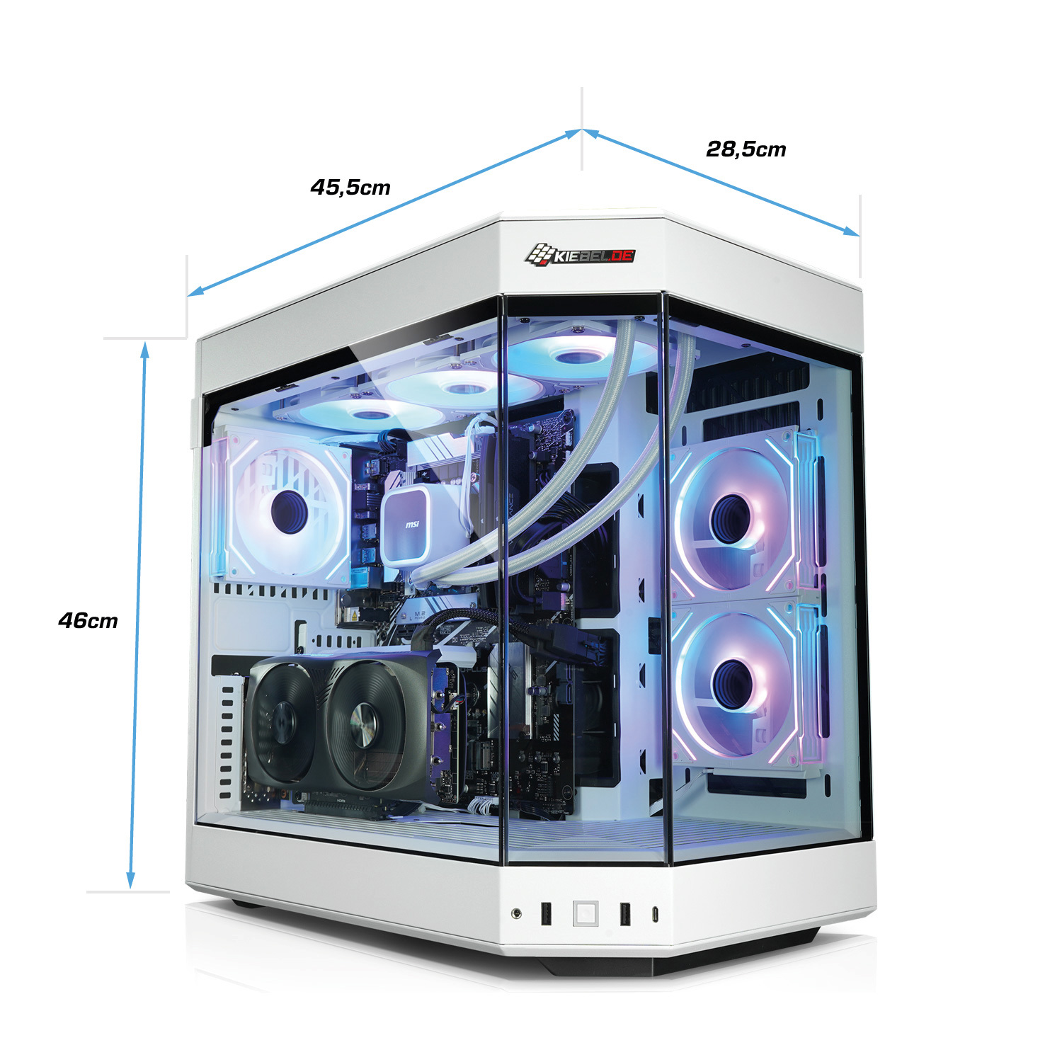 A white computer case with dimensions shown. Inside, components like fans and a black graphics card are visible.