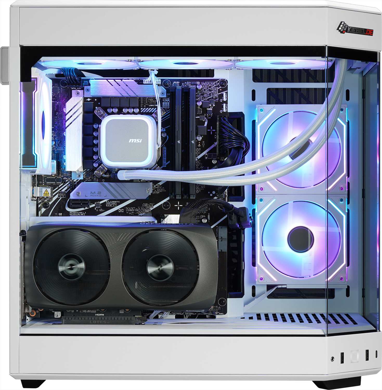 A white computer case with components inside, lit with colorful lights.