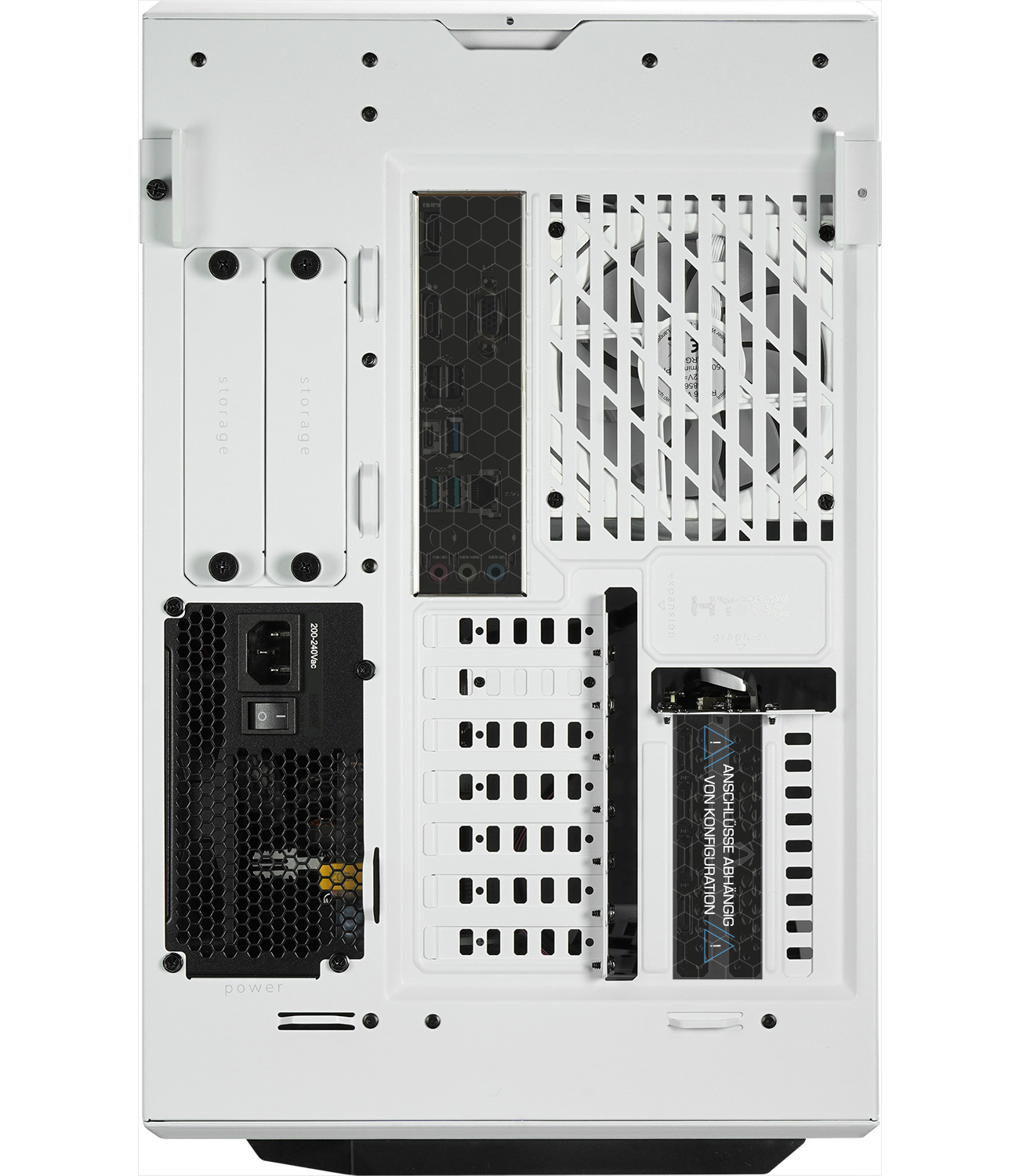 Back of a white computer case, showing the power supply, ports, and fan openings.