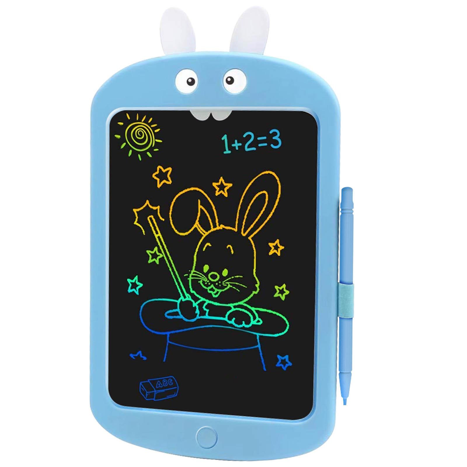 Ein blaues Zeichentablett mit einer Hasenzeichnung. Das Tablet zeigt einen Hasen, der mit einem Stift einen Stern zeichnet.