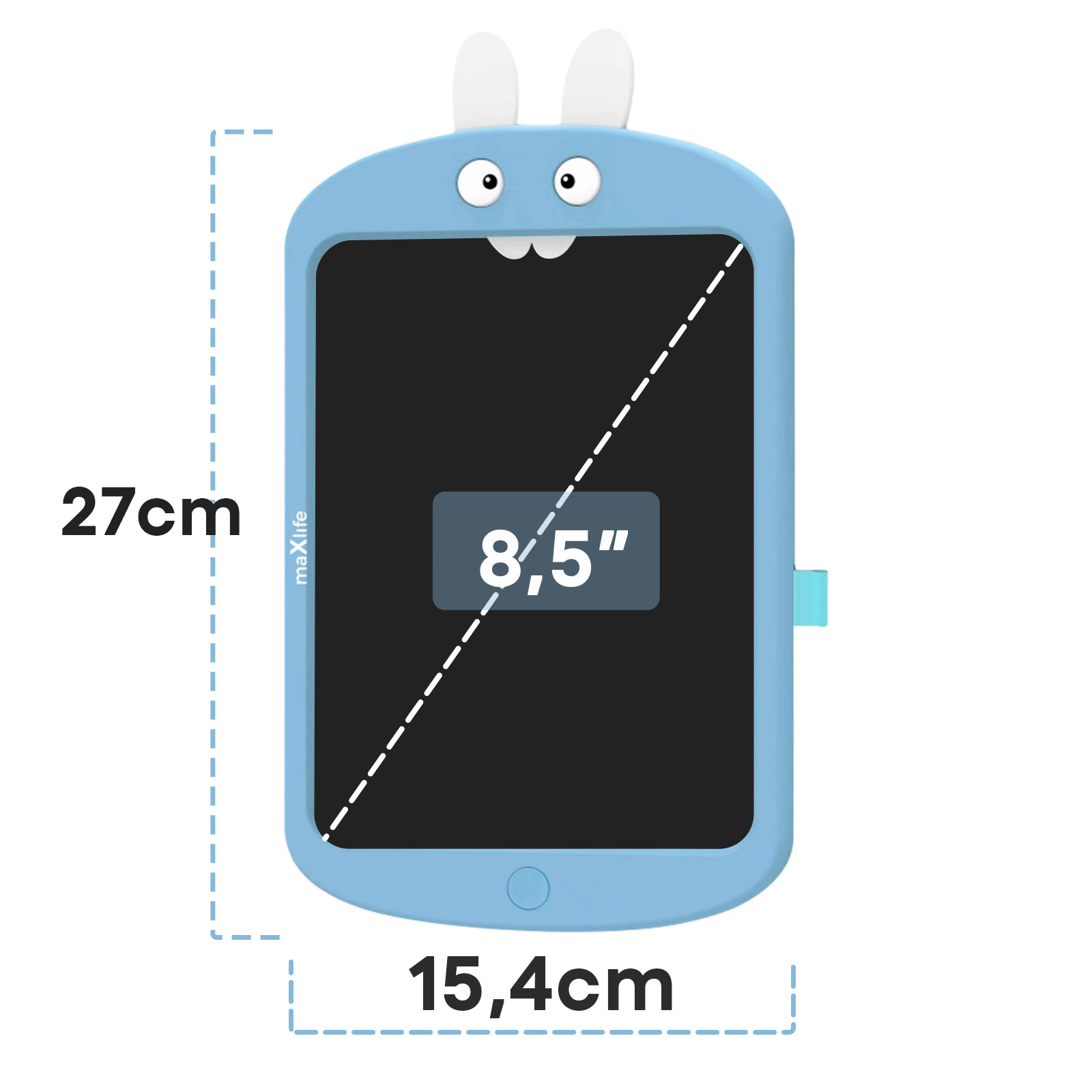 Blaues, hasenförmiges Tablet mit Maßen: 27 cm Höhe, 15,4 cm Breite, 8,5" Bildschirm.