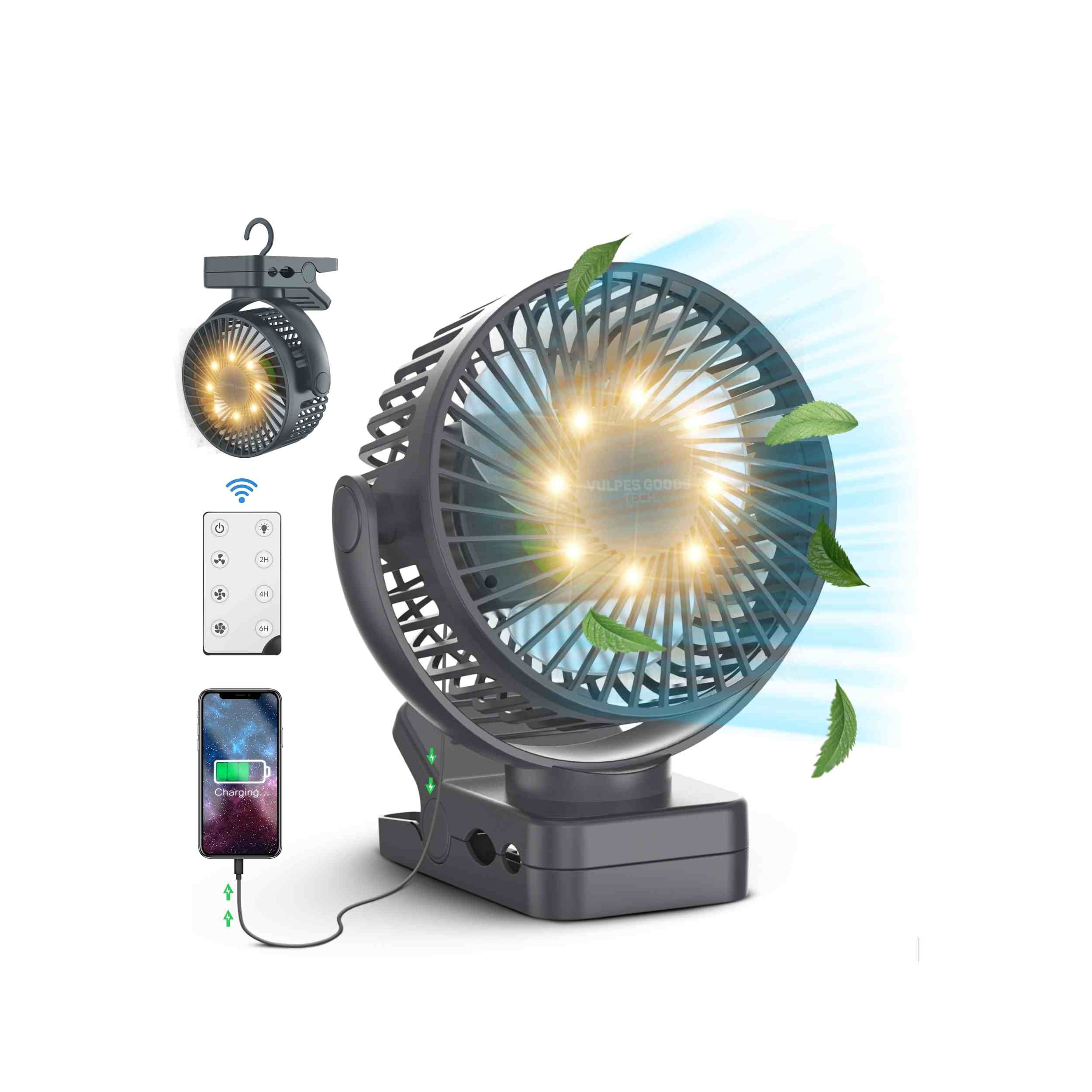 Kleine draagbare ventilator met telefoon opladen. Afstandsbediening, bladeren en oplaadindicator zichtbaar.