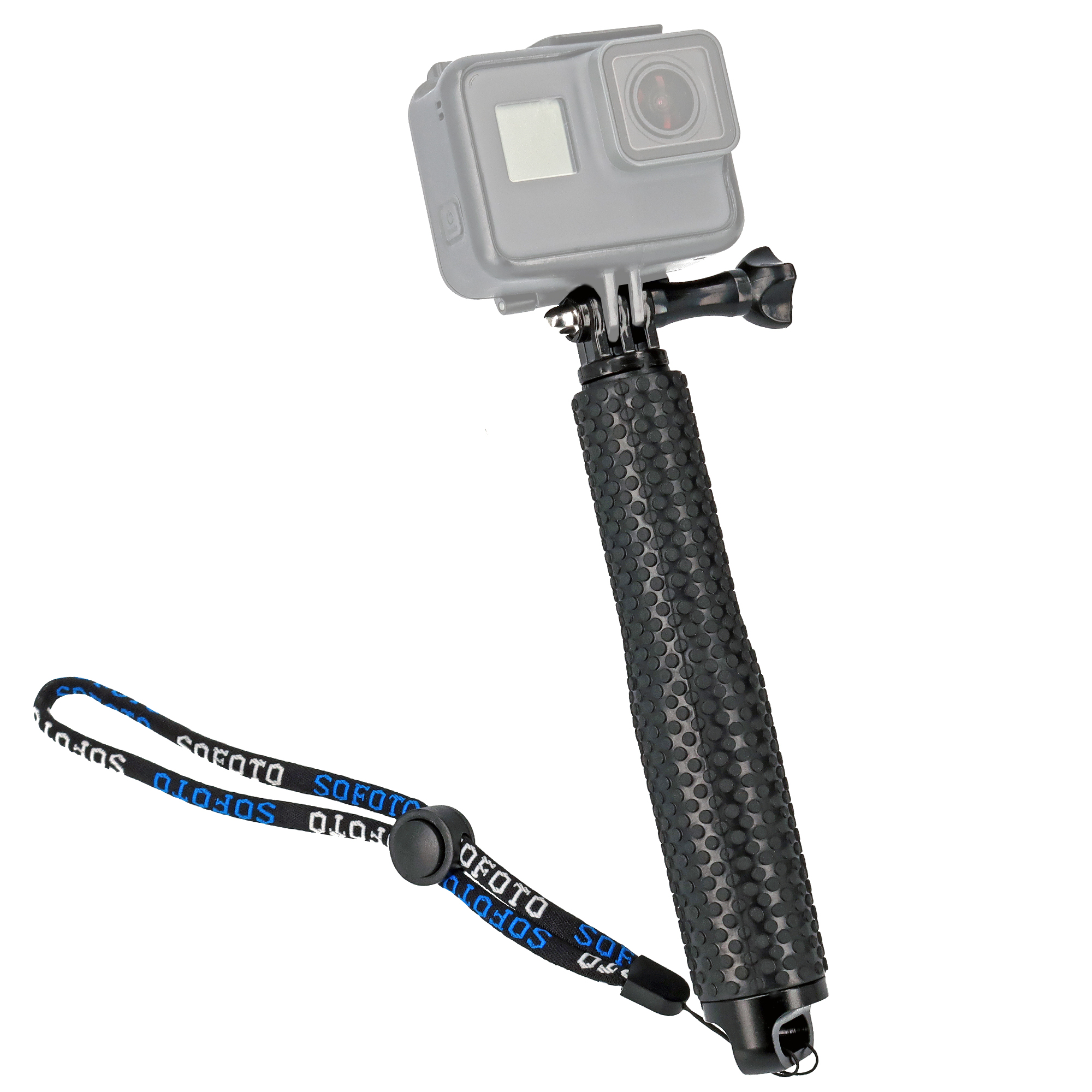 Schwarzer GoPro Selfie-Stick mit Handschlaufe; GoPro-Kamera oben befestigt.