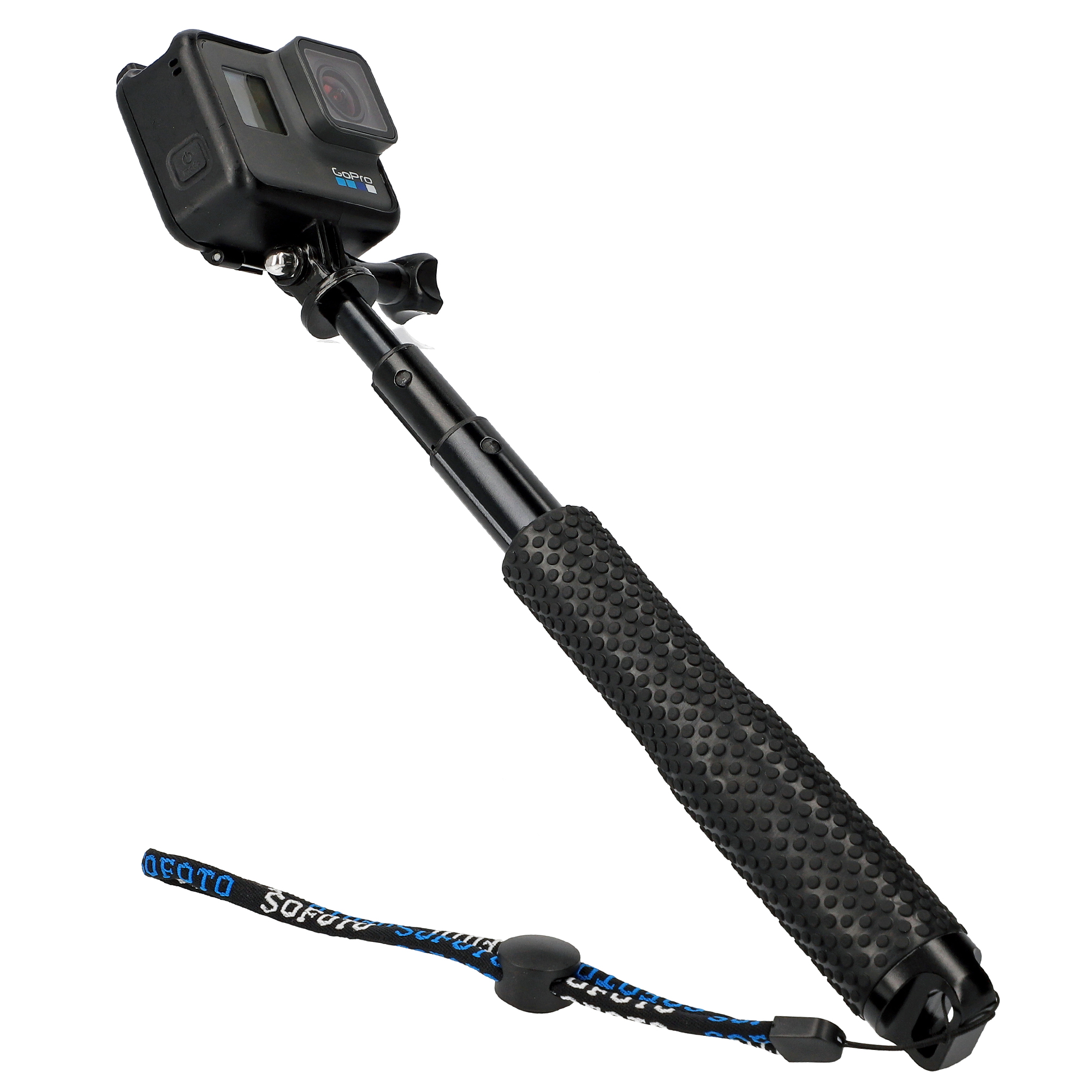 GoPro-Kamera an einem schwarzen Selfie-Stick mit Handschlaufe, auf weißem Hintergrund.
