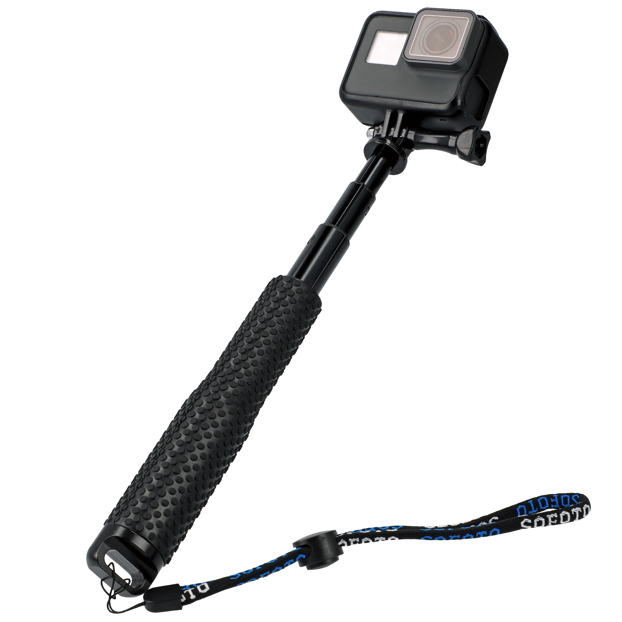 Schwarze GoPro-Kamera an einer ausziehbaren schwarzen Stange mit schwarzer/blauer Handschlaufe.