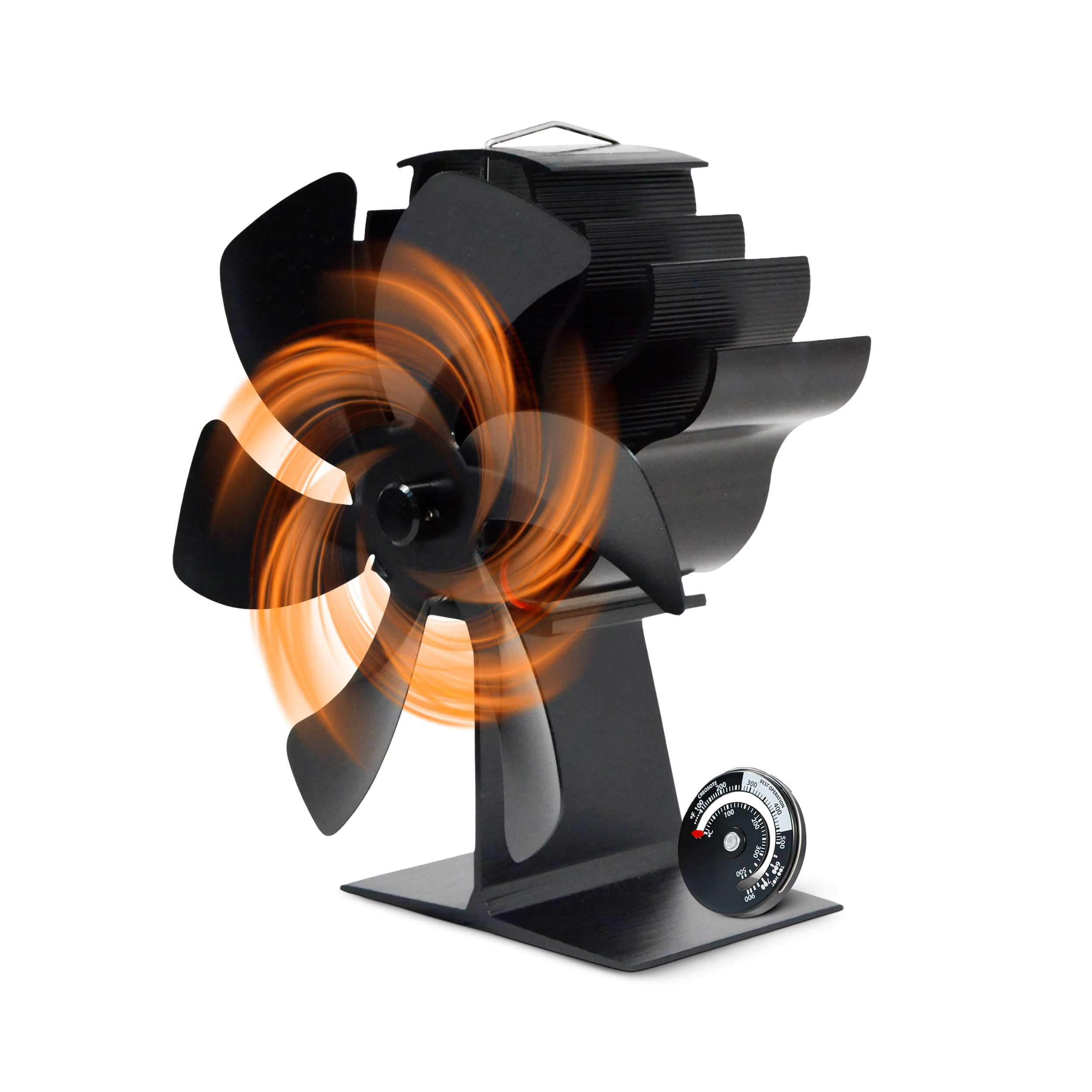 Een zwarte kachelventilator met een thermometer, de ventilatorbladen draaien.