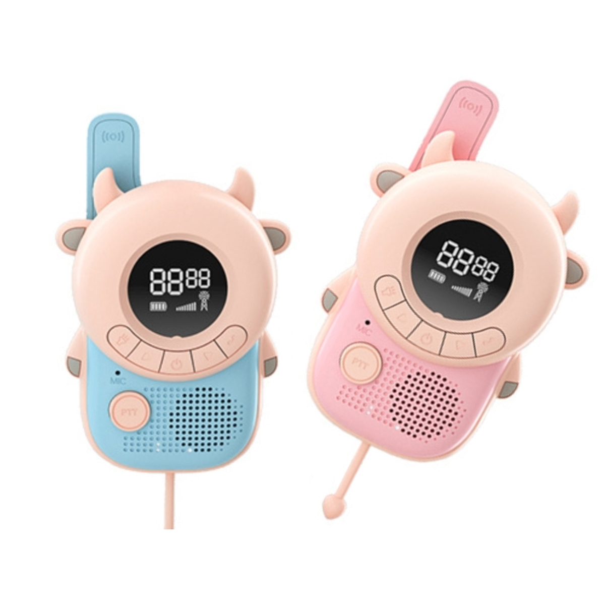Due walkie-talkie a forma di mucca, rosa e blu. Schermi neri con numeri. Sfondo bianco.