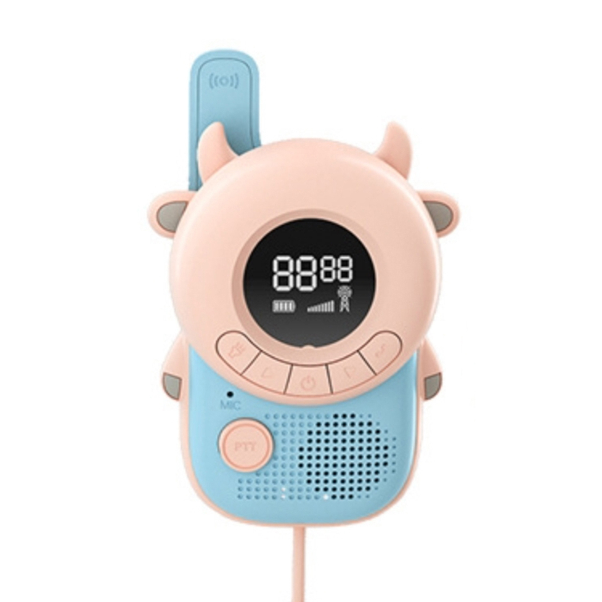 Un giocattolo walkie-talkie rosa e blu a forma di mucca, con display digitale e pulsanti.