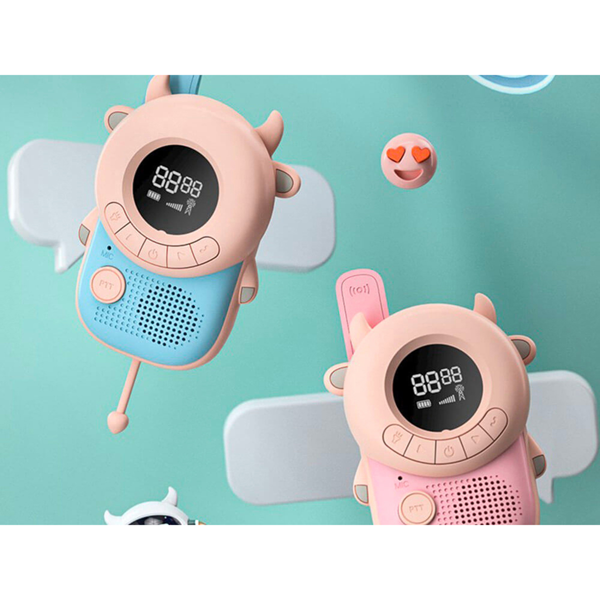 Due walkie-talkie rosa e blu con uno schermo che mostra numeri e un'emoji sorridente sullo sfondo.