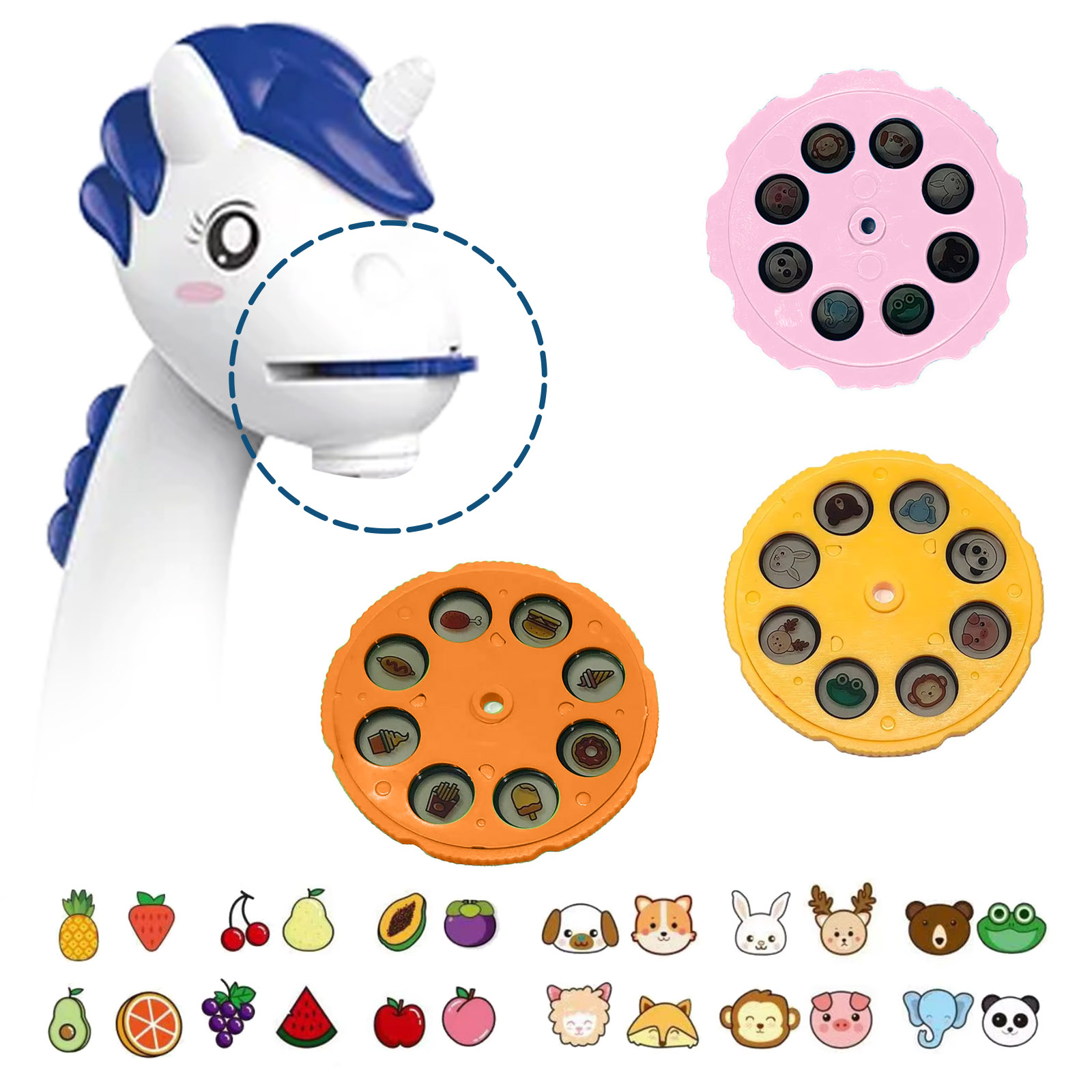 Giocattolo unicorno con dischi rotanti e immagini di frutta e animali.