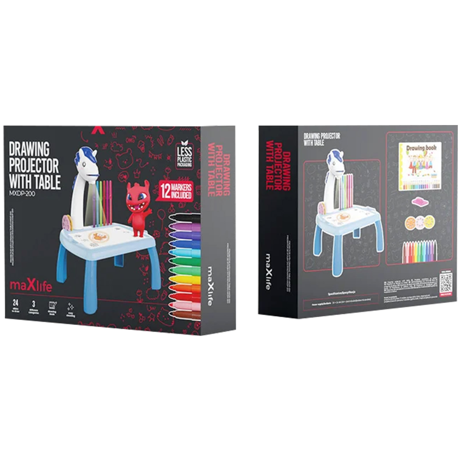 Due scatole prodotto per un proiettore da disegno con tavolo, con illustrazioni e testo.