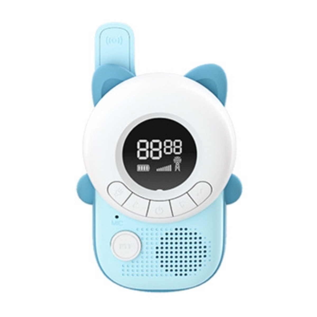 Baby monitor con design blu e bianco, con pulsanti e display digitale.