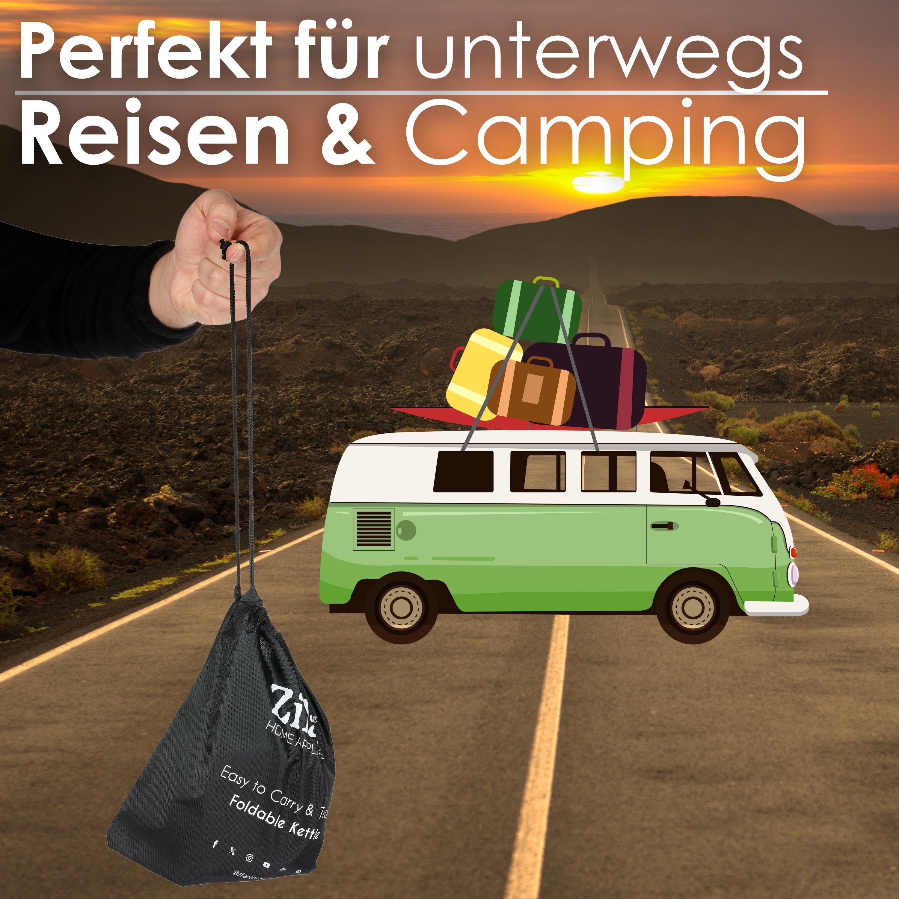 Ein grüner und weißer Van mit Gepäck, auf einer Straße. Text: Perfekt für unterwegs.
