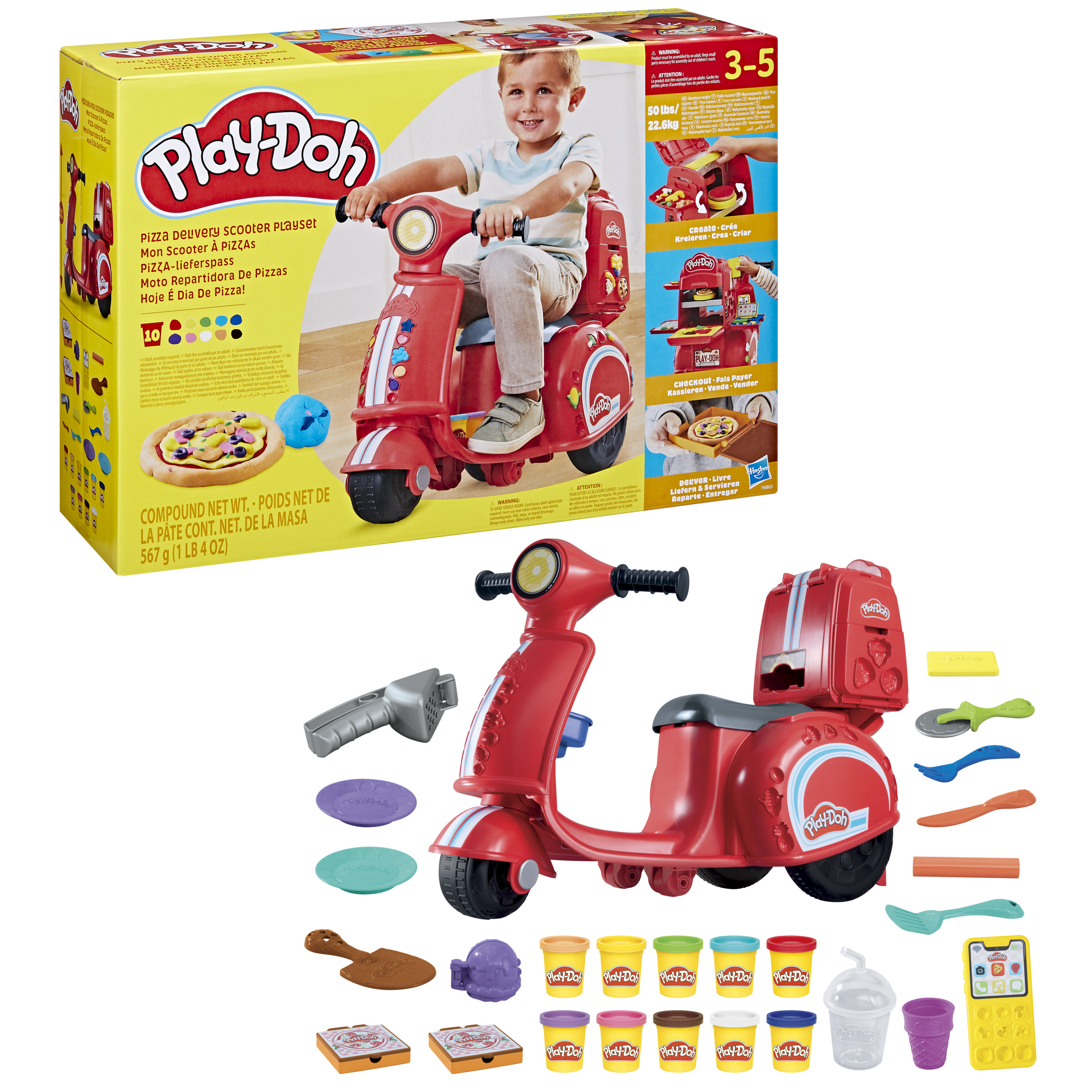 Set de pizza Play-Doh con un niño montando un scooter rojo. Incluye ingredientes y accesorios de pizza.