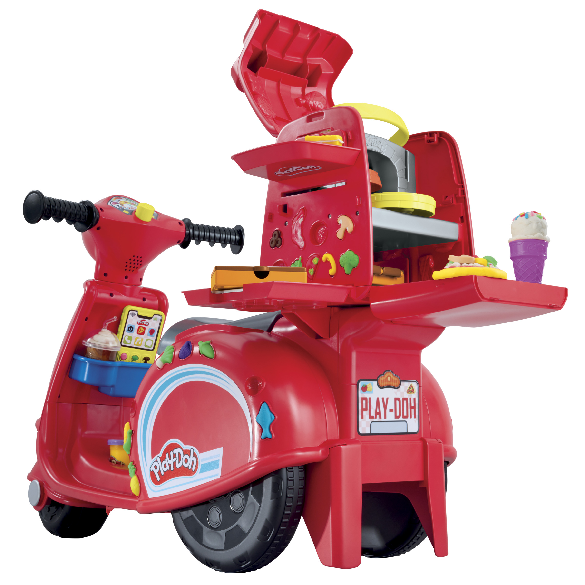 Un juego de scooter Play-Doh rojo con accesorios temáticos de comida.