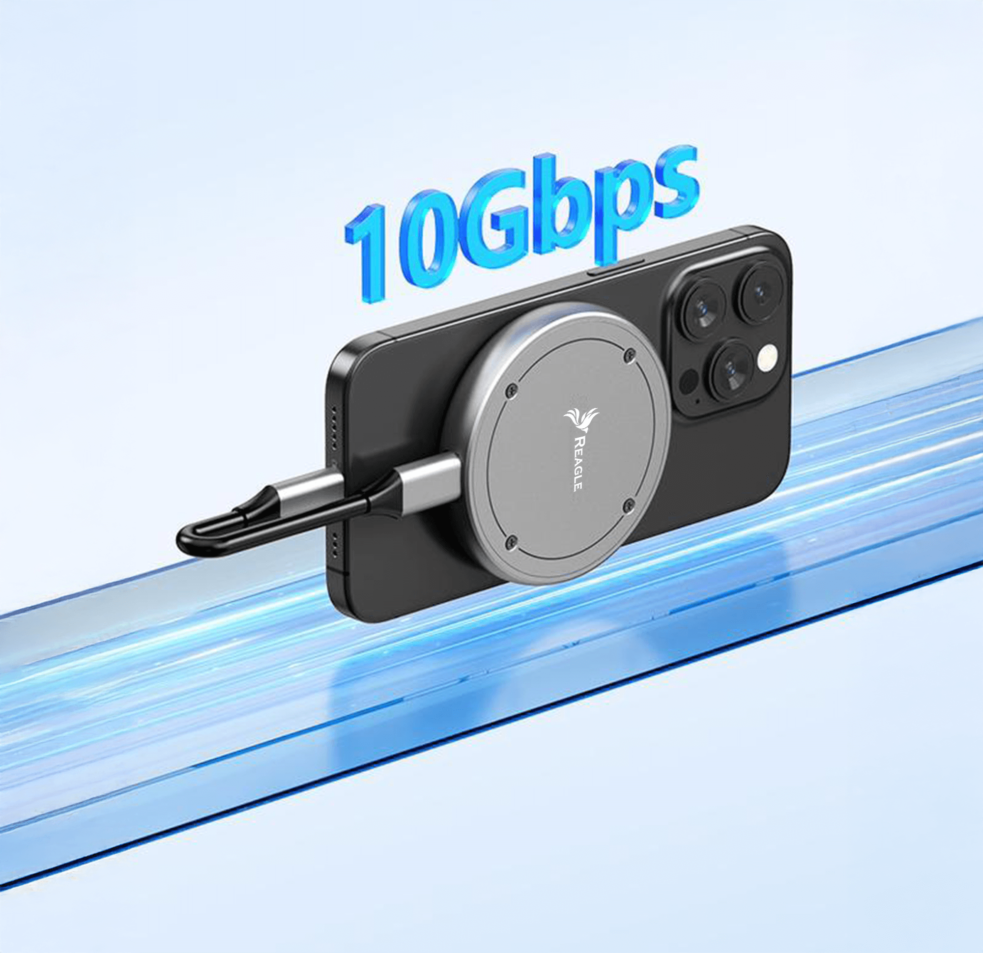 Czarny telefon podłączony do srebrnego magnetycznego kabla ładującego z niebieskim tekstem.