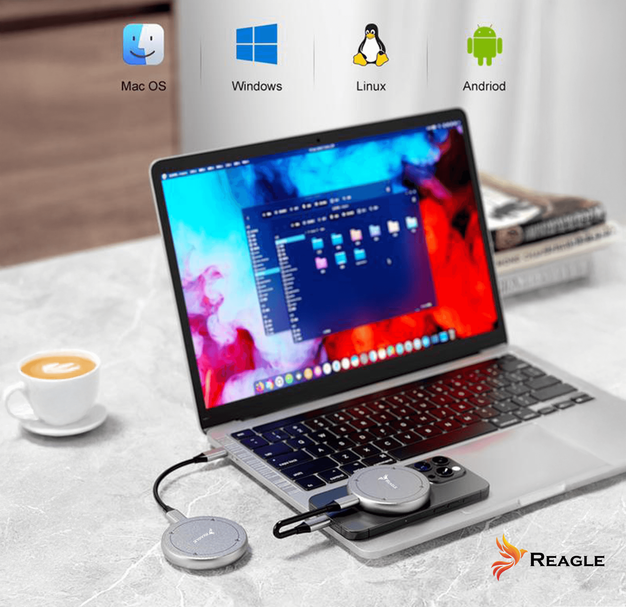 Laptop z hubem podłączonym do telefonu, z ikonami dla Mac, Windows, Linux i Android.