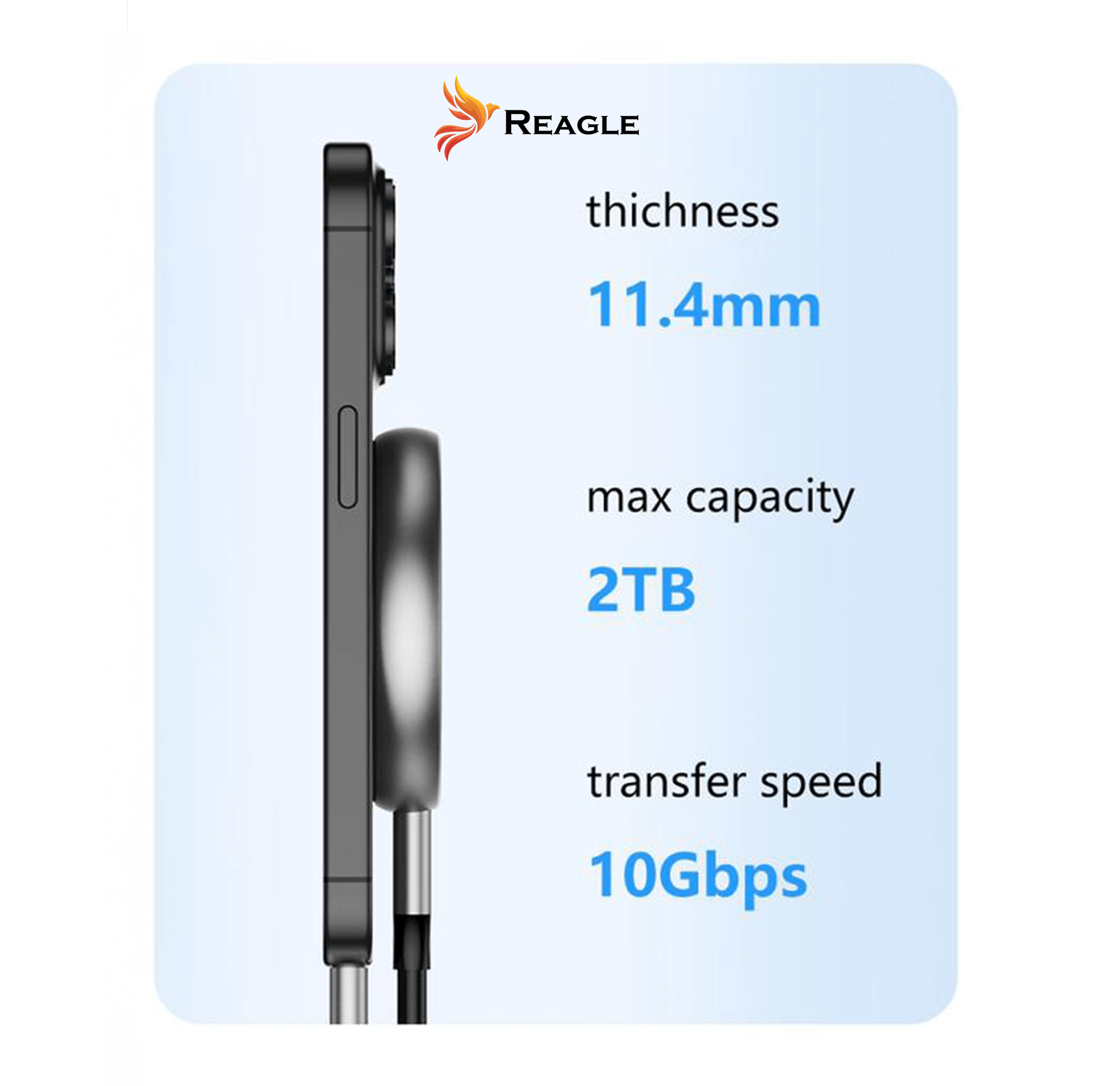 Smartfon z pamięcią zewnętrzną, widok z boku, białe tło.