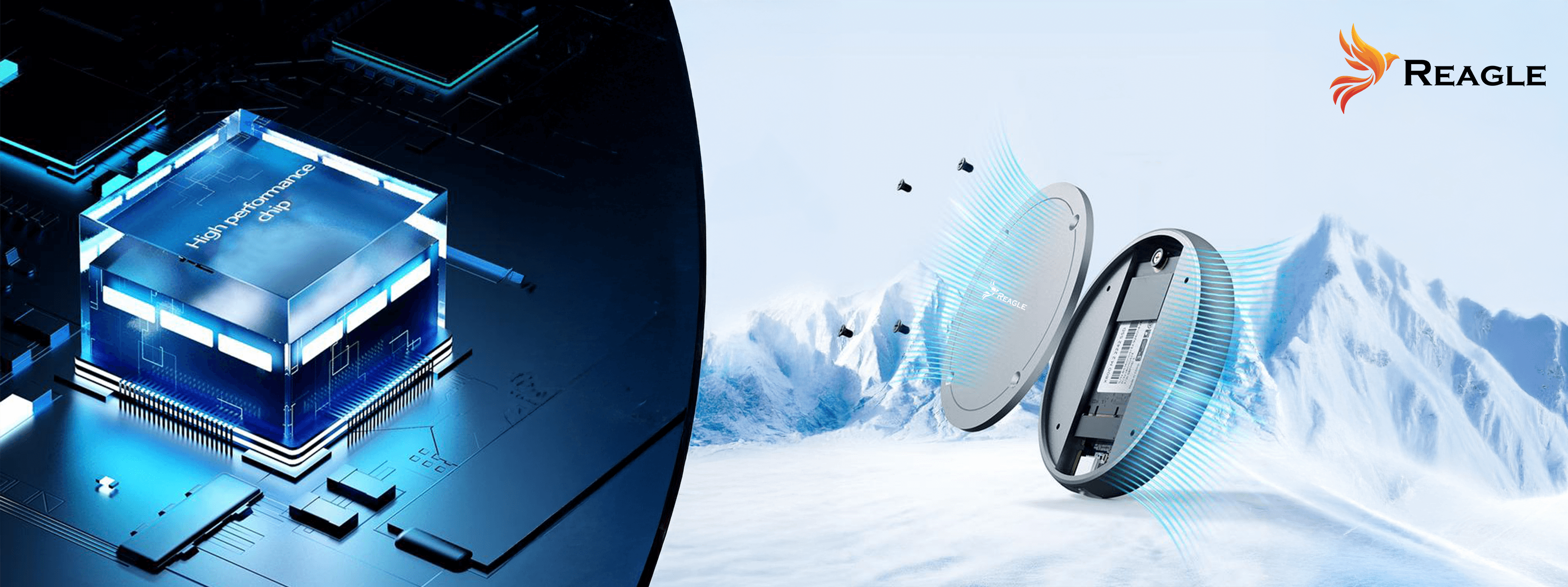 Baner z niebieskim chipem i urządzeniem z górami w tle, logo Reagle po prawej.