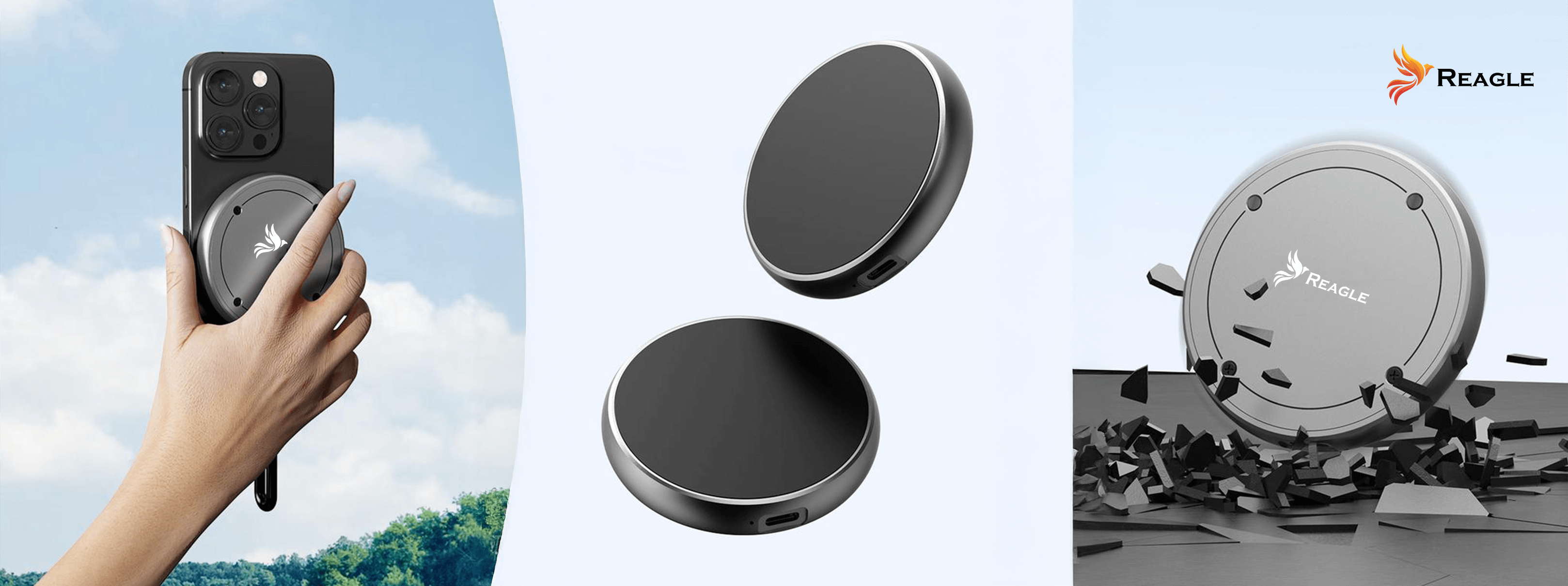 Dłoń trzymająca telefon z okrągłym magnetycznym mocowaniem i dwoma odłączonymi mocowaniami.