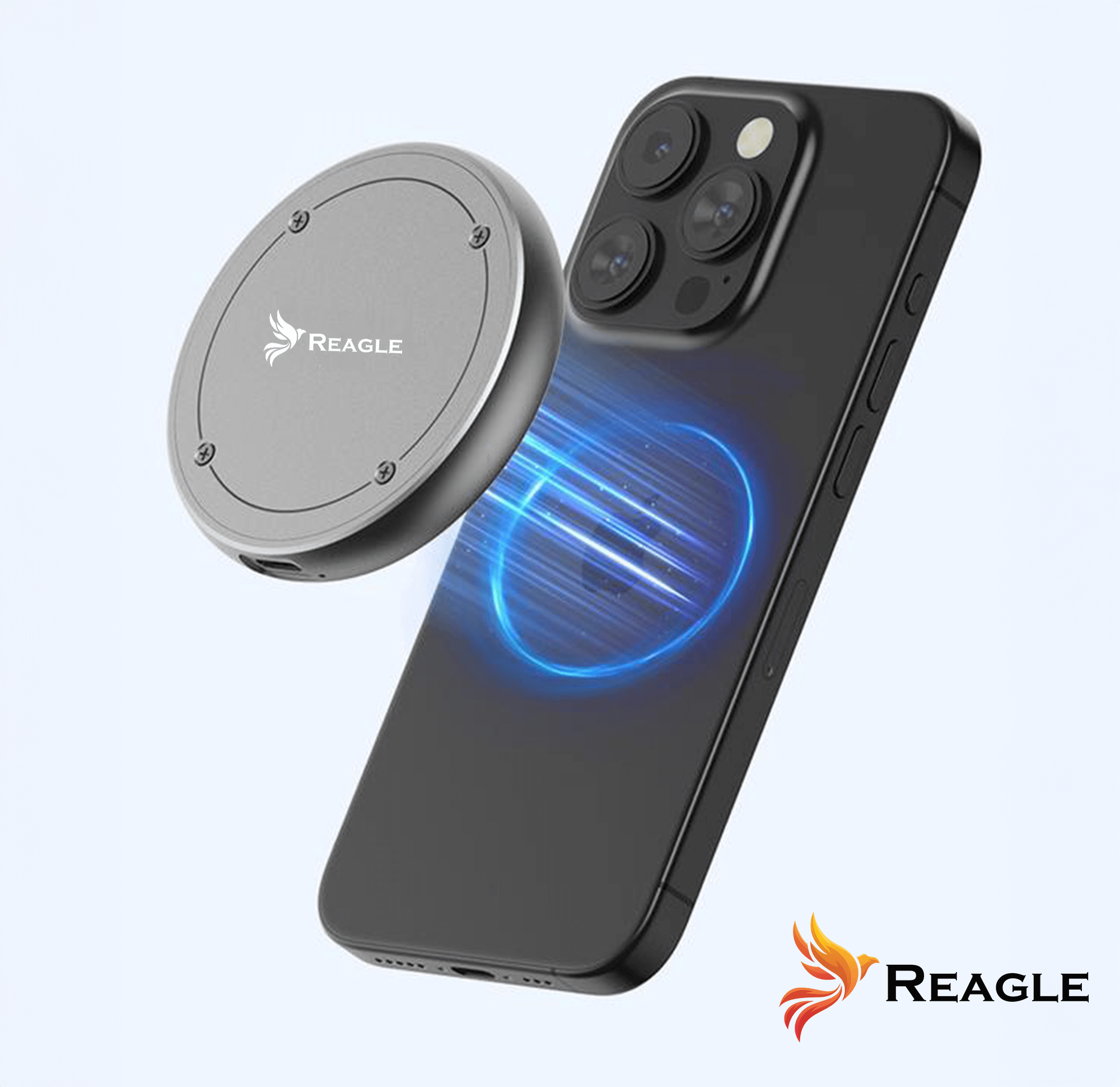 Srebrna ładowarka magnetyczna REAGLE obok czarnego iPhone'a z trzema aparatami.