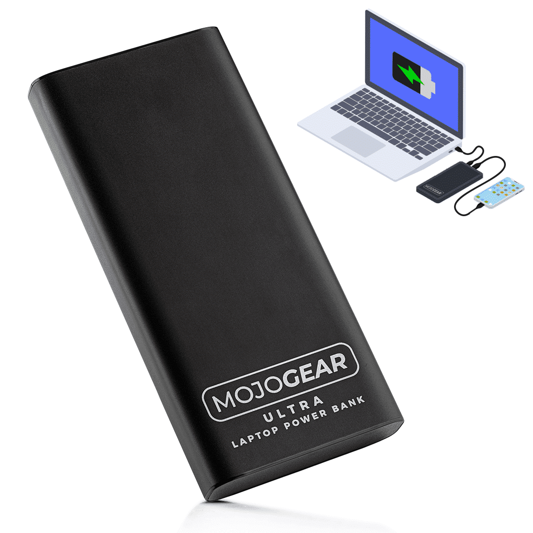 Zwarte powerbank met logo en illustratie van het opladen van een laptop. Laptop en telefoon worden ook getoond.