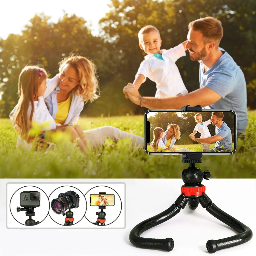 Famille prenant des photos avec un téléphone sur un trépied flexible. Le téléphone affiche la photo.