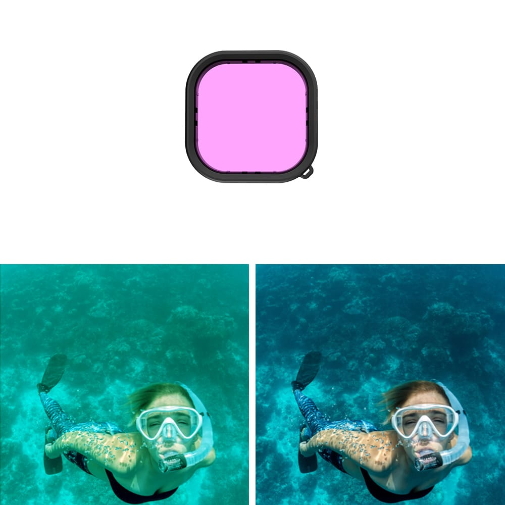 Een filter en een vrouw die onder water snorkelt, met en zonder filter.