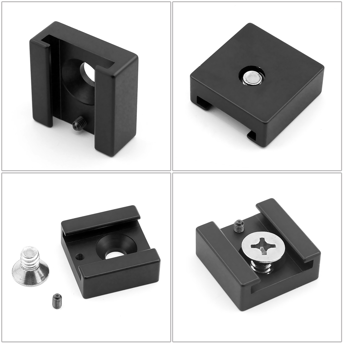 Vier zwarte metalen beugels voor montage. Verschillende aanzichten, met schroefdetails.