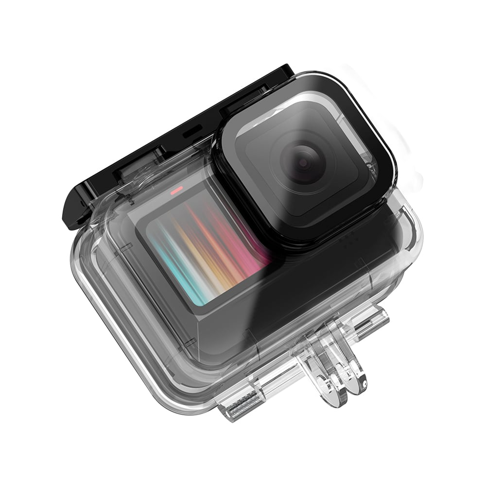 GoPro-camera in een doorzichtige waterdichte behuizing, met kleurrijk scherm.