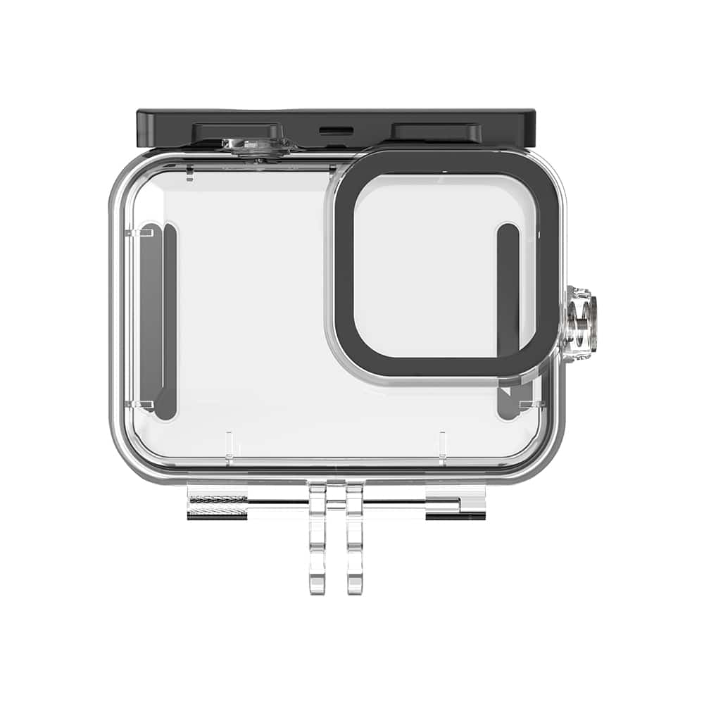 Een heldere, waterdichte camerabehuizing. Tekst: Waterdichte camerabehuizing.