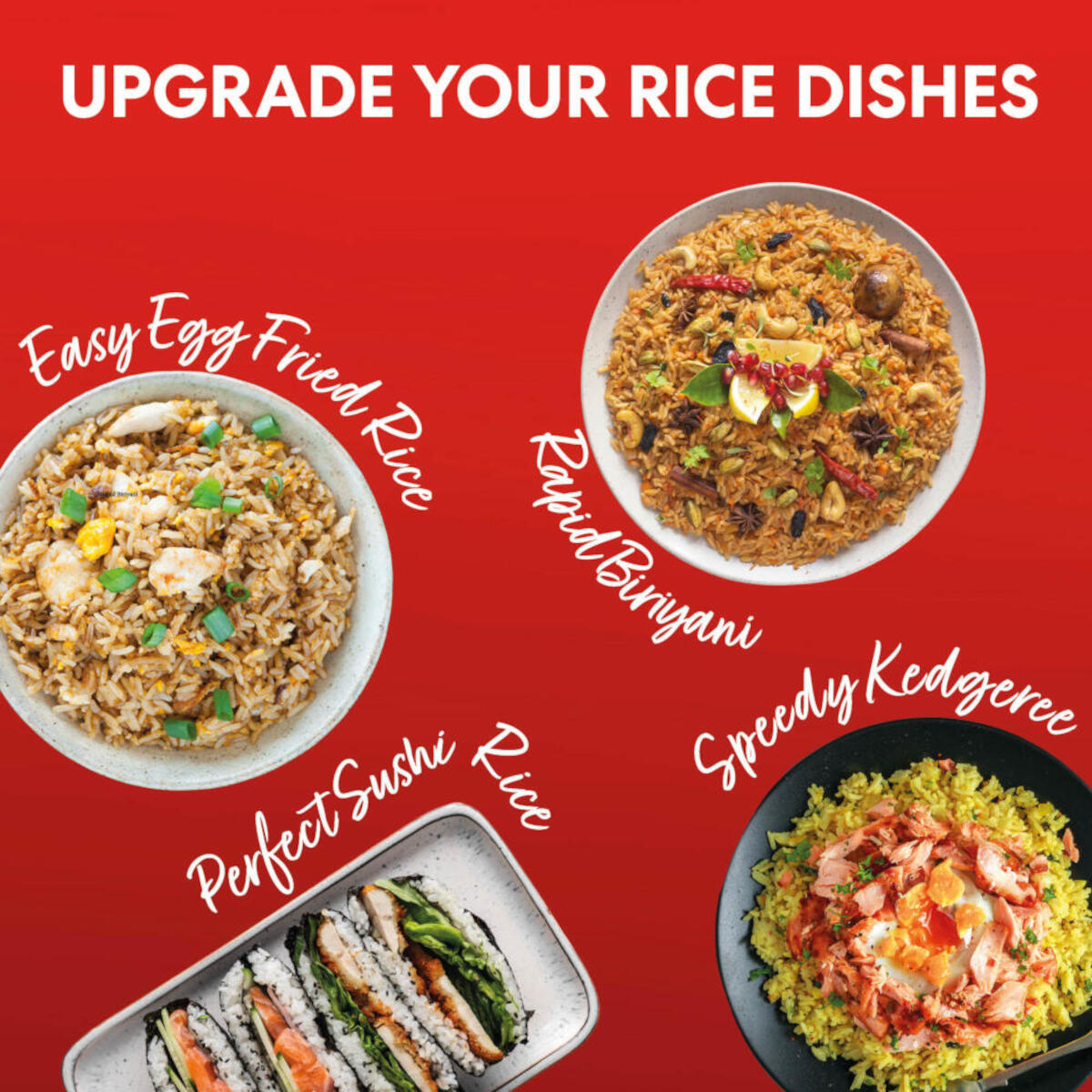 Teller mit Reisgerichten: Easy Egg Fried Rice, Rapid Biryani, Perfect Sushi Rice, Speedy Kedgeree.
