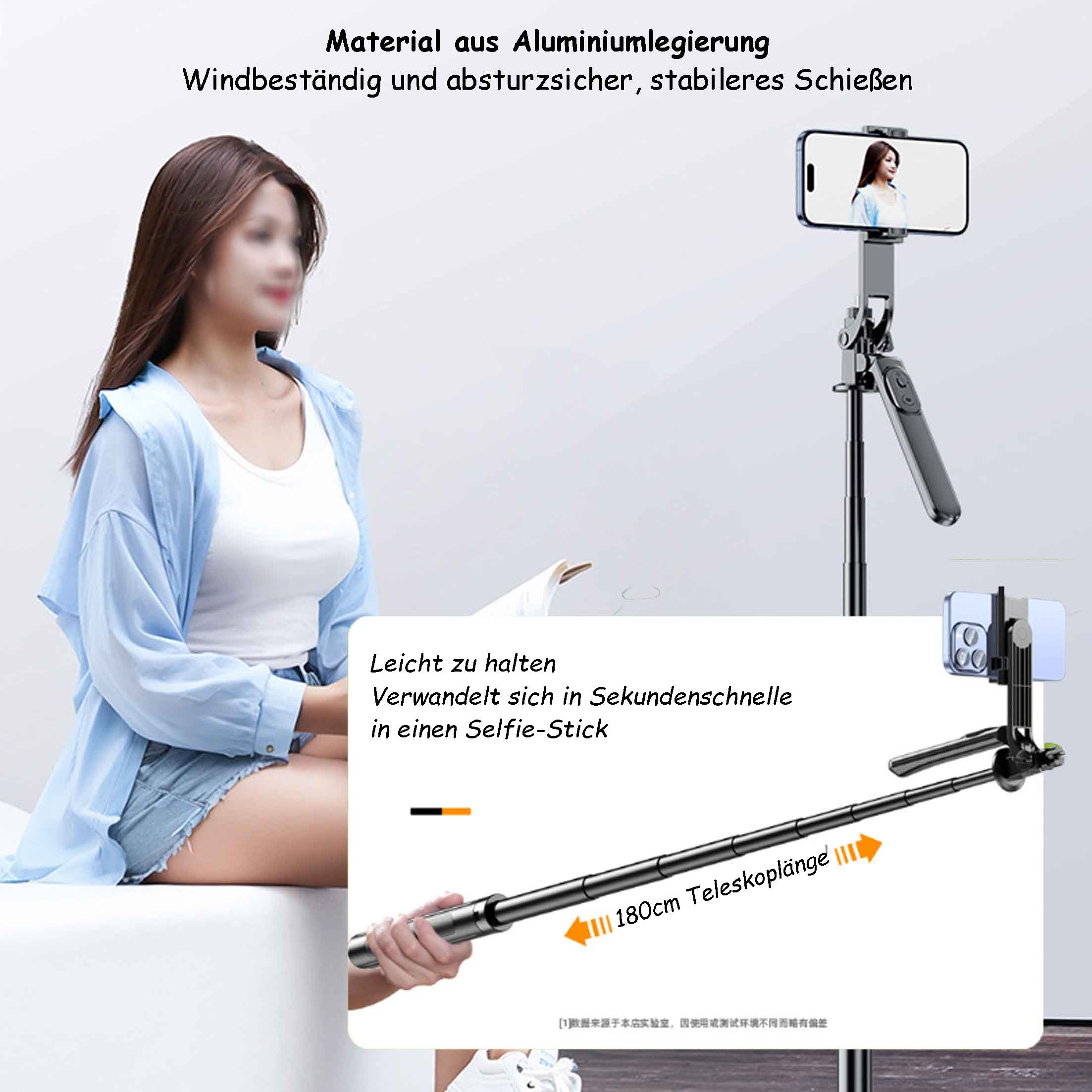 Frau mit Selfie-Stick/Stativ. Kann als Stick oder Stativ verwendet werden.