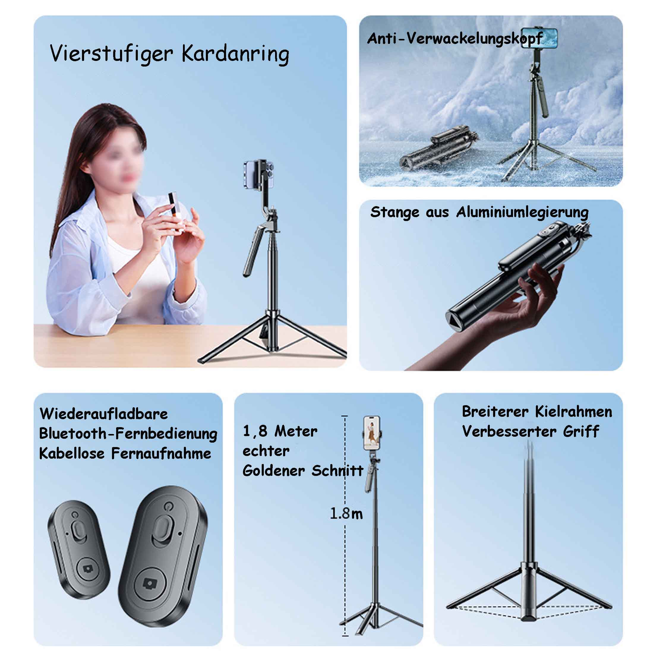 Ein Selfie-Stick mit Funktionen und eine Frau, die ihn benutzt.