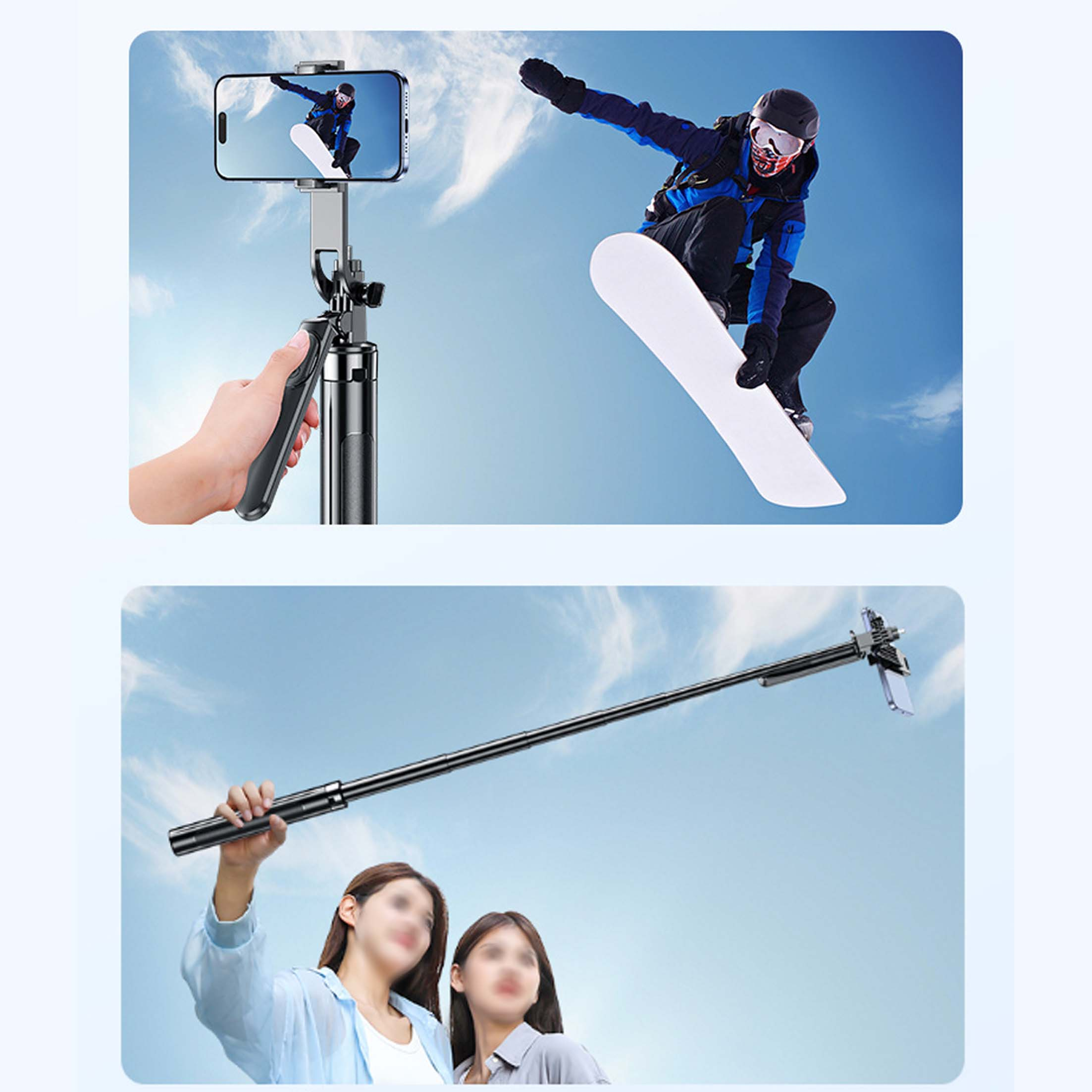 Zwei Bilder: eine Person, die einen Selfie-Stick hält, und ein Snowboarder.
