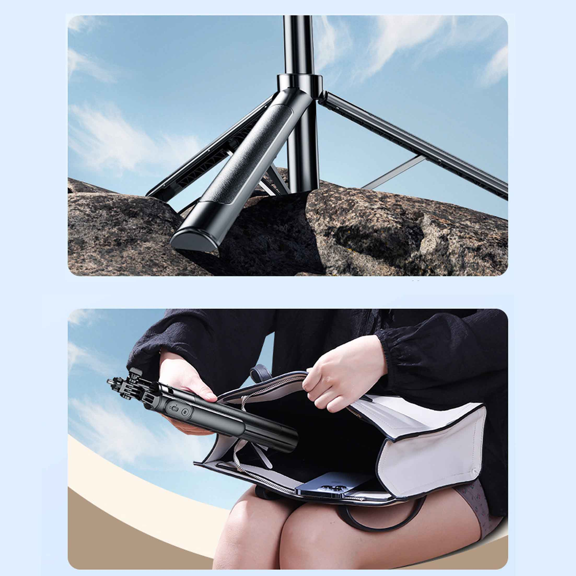 Zwei Bilder eines Stativs. Eines zeigt es auf Felsen, das andere zeigt eine Person, die es in eine Tasche legt.