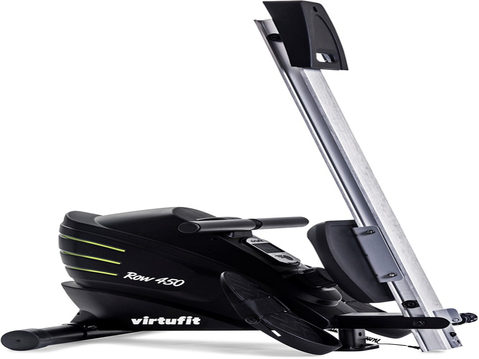 Eine schwarz-silberne Rudermaschine mit dem Markennamen 'virtufit' sichtbar.