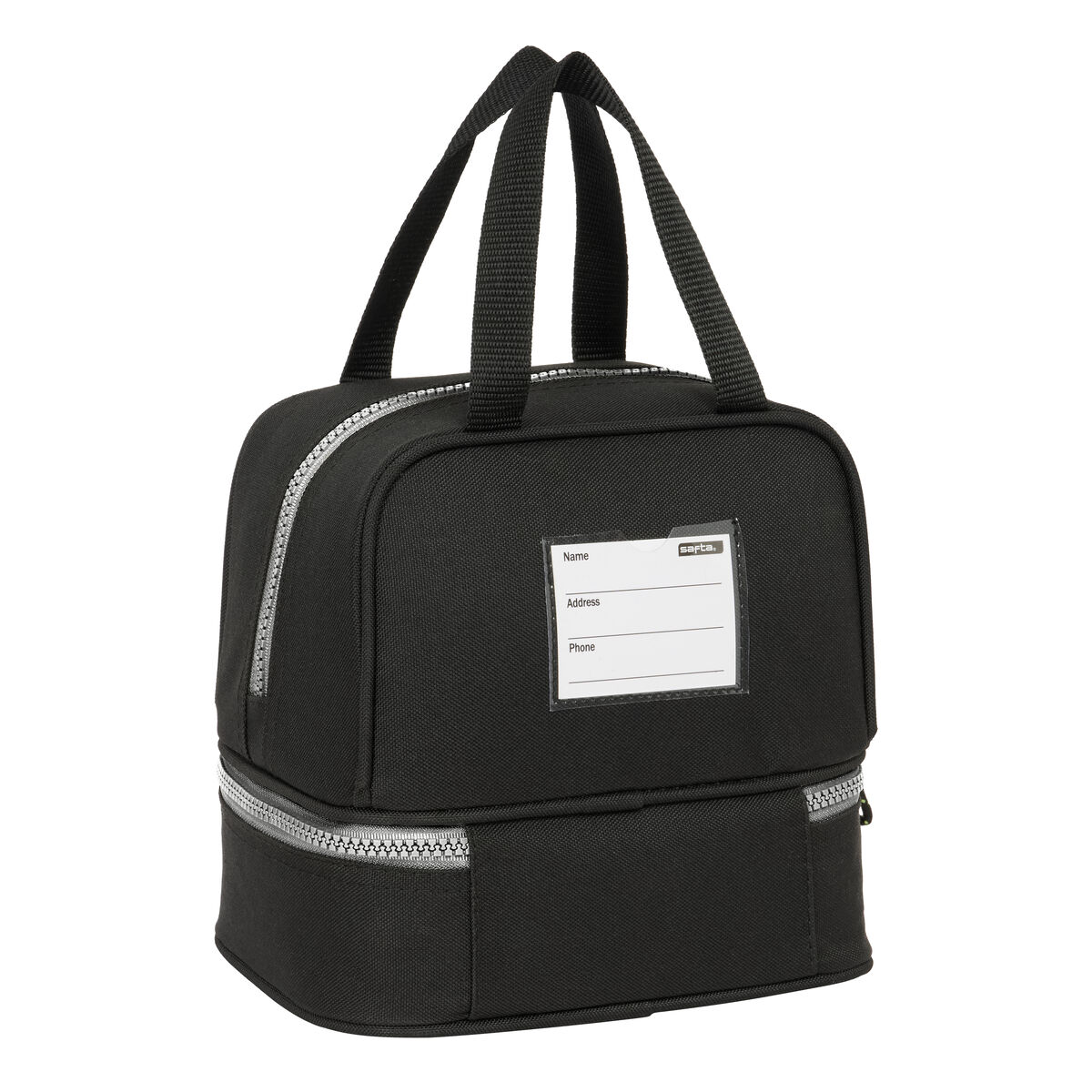 Schwarze Lunchtasche mit Griff, Reißverschluss und Etikettenhalter. Weißer Hintergrund.