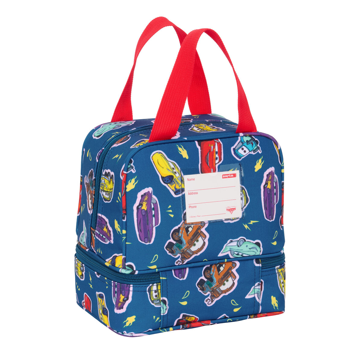 Blaue Lunchtasche mit Autografiken, rotem Griff und Namensschild.