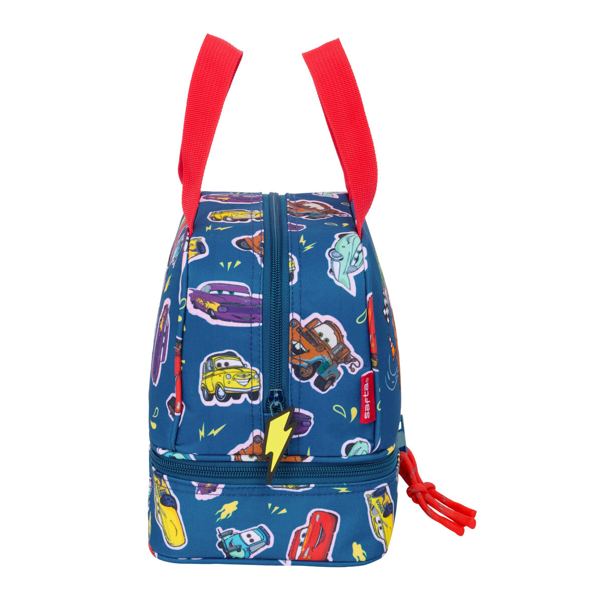 Cars-Lunchbox mit blauem Hintergrund, verschiedenen Auto-Illustrationen und rotem Griff.