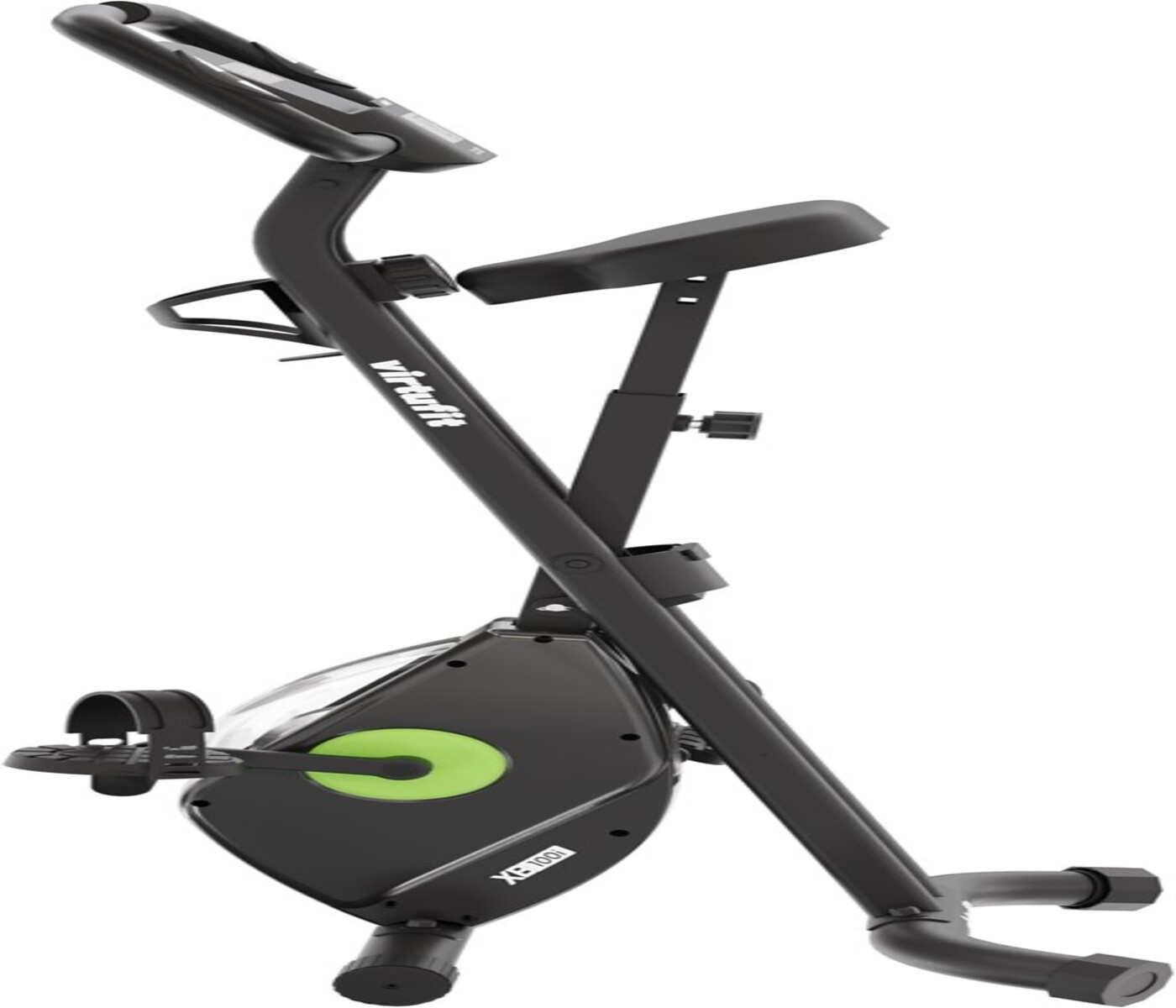 Ein schwarzes Heimtrainer auf weißem Hintergrund. Es hat einen Sitz, Pedale und Lenker. Der Markenname 'virtufit' ist sichtbar.