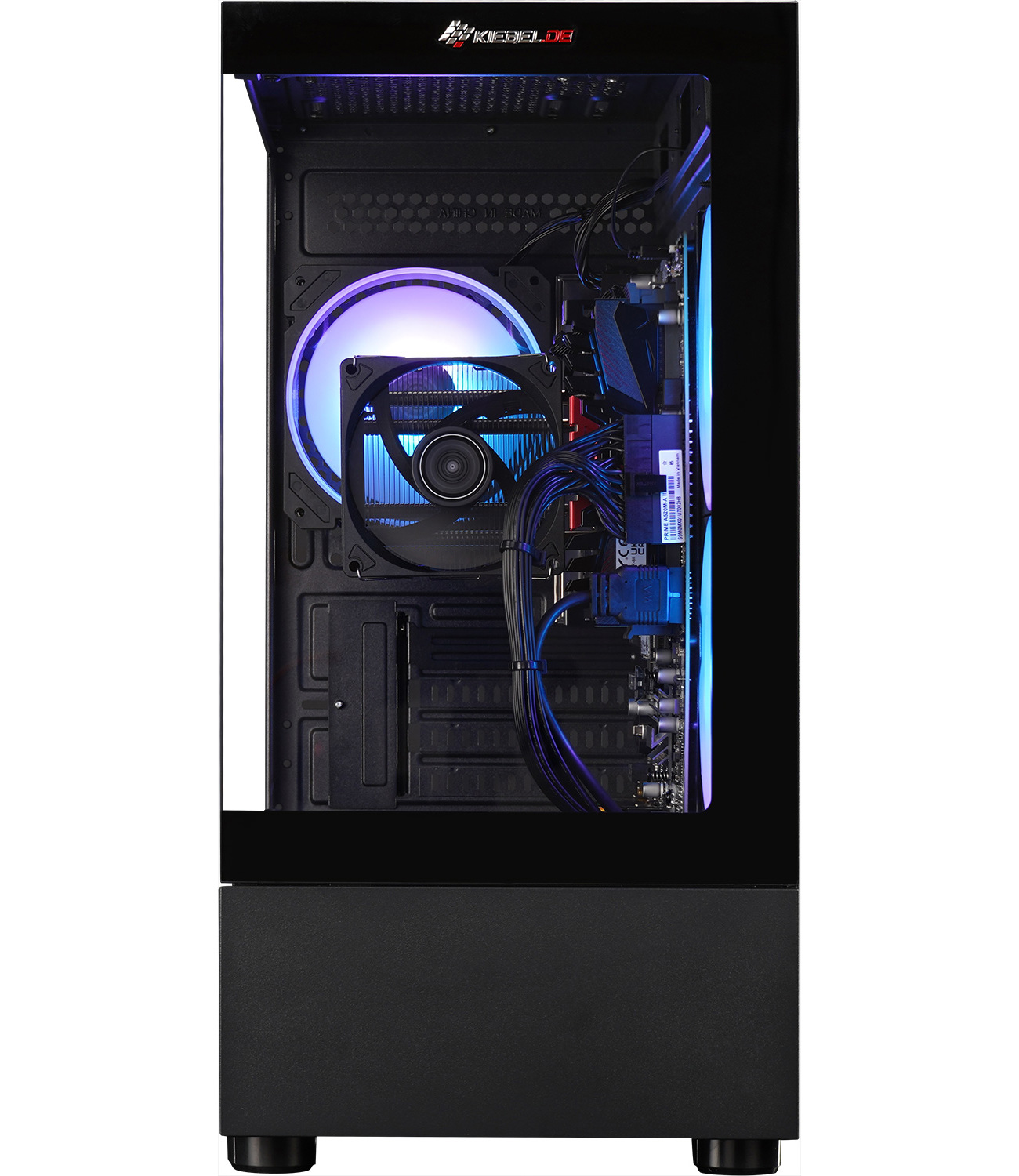 Boîtier PC noir avec panneau latéral en verre, composants internes visibles.
