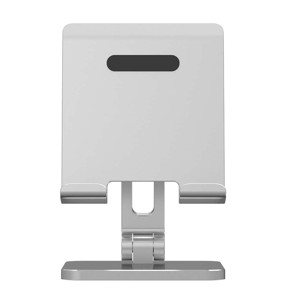 Support de téléphone argenté. Il est pliable.