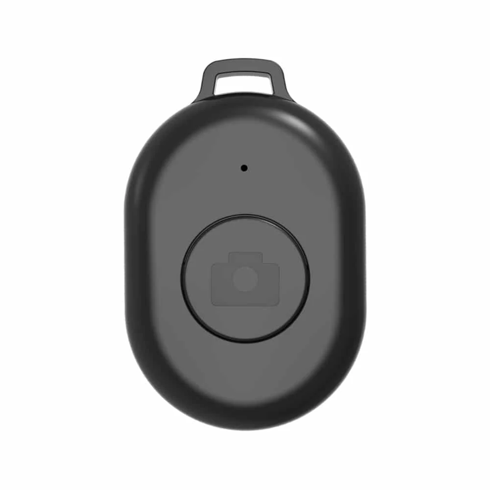 Black remote control with a camera icon. Oval shape, rounded edges.