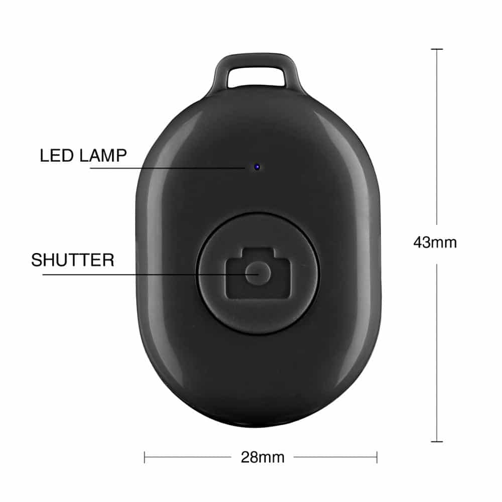 Black remote with 'LED LAMP' and 'SHUTTER' labels. Dimensions are shown.