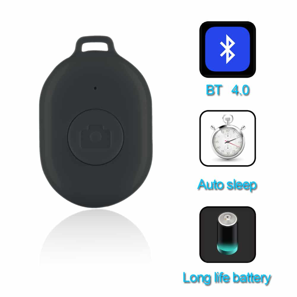 A black remote with a camera icon and icons for BT 4.0, auto sleep, and long battery.